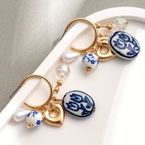 Blue & White Porcelain Charm Hoop Earrings with Gold tone Heart & Pearl Accents